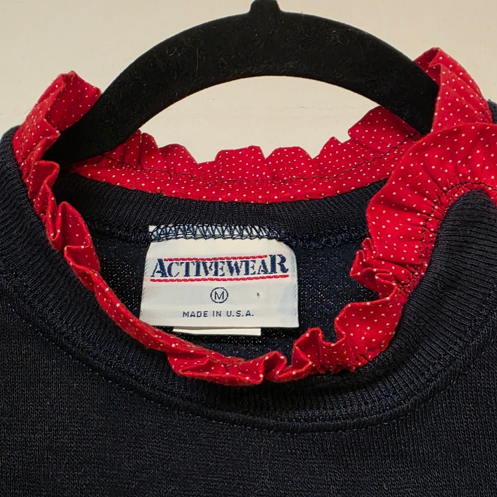 Vintage 80s Activewear Navy Blue Ruffle Collar Polka Dot Sweatshirt Women Medium - Picture 9 of 12
